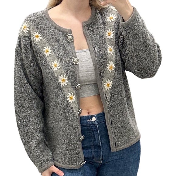 Vintage Country Blue Wool Blend Daisy Print Cardigan in Gray Women's Size M - Picture 1 of 17